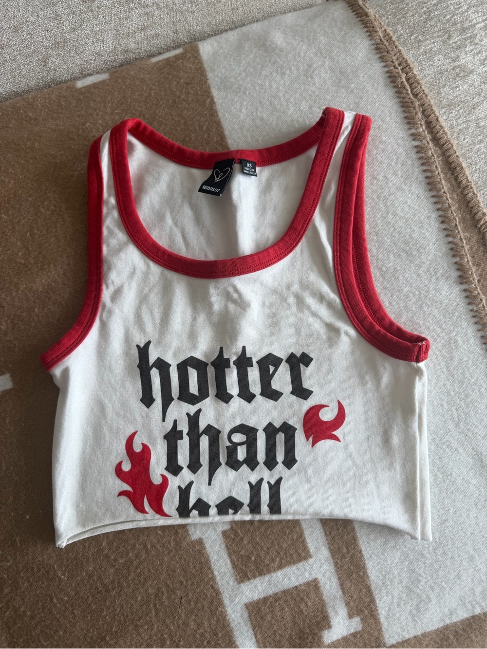 Windsor White Crop Tank with Red Trim & Flame Graphic